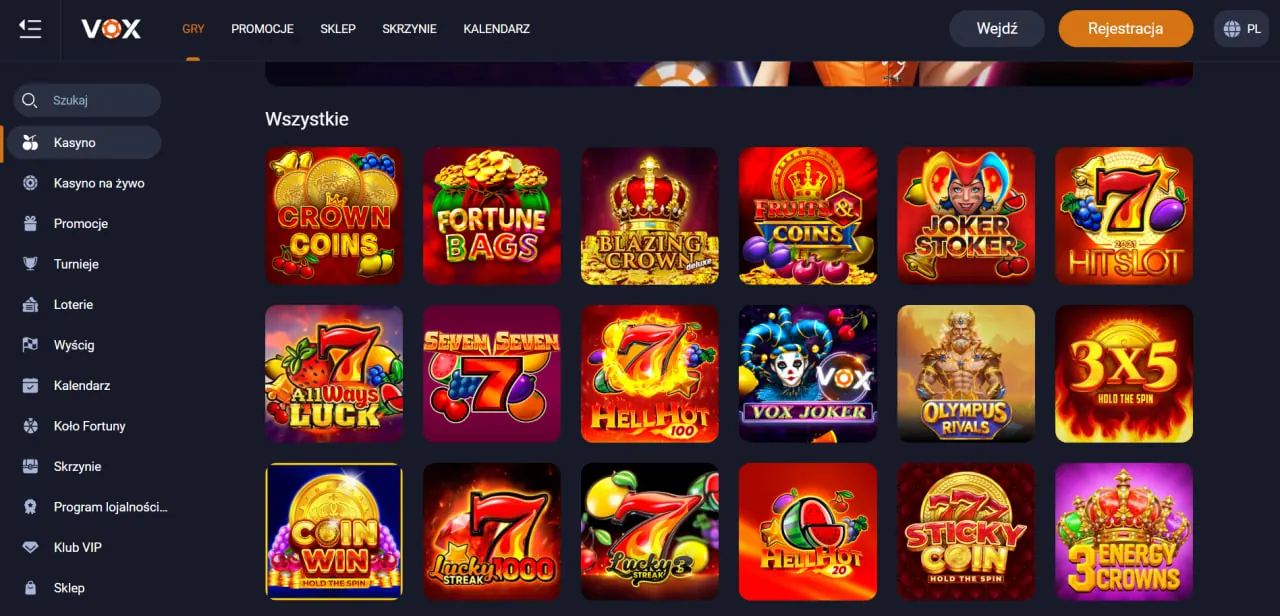 Vox Casino Casino sekcja gier