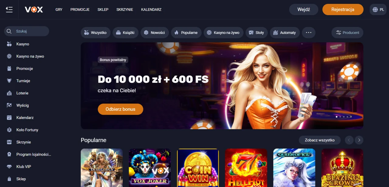 Vox Casino Casino sekcja menu